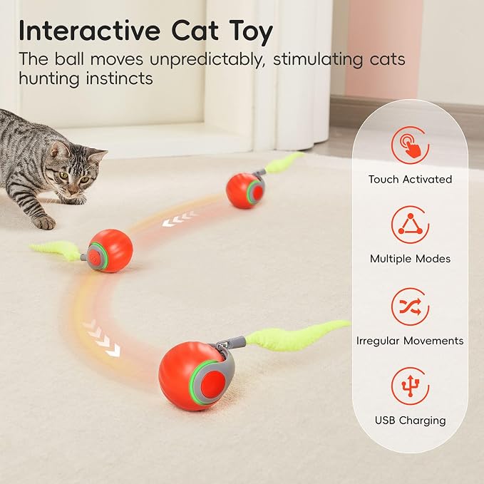 Rechargeable Moving Ball Cat Toy with Feather Tail