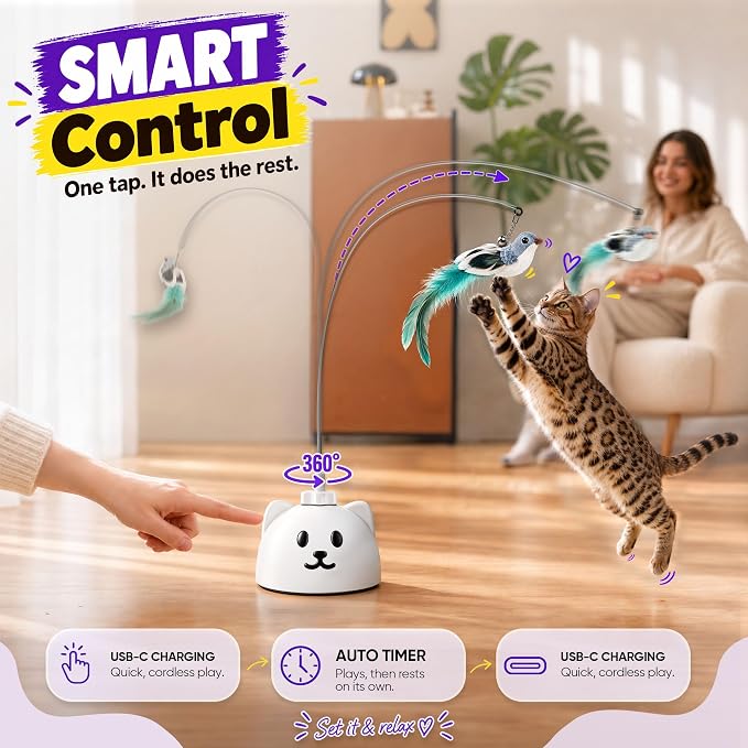 360° Automatic Flying Bird Wand Cat Toy – Rechargeable