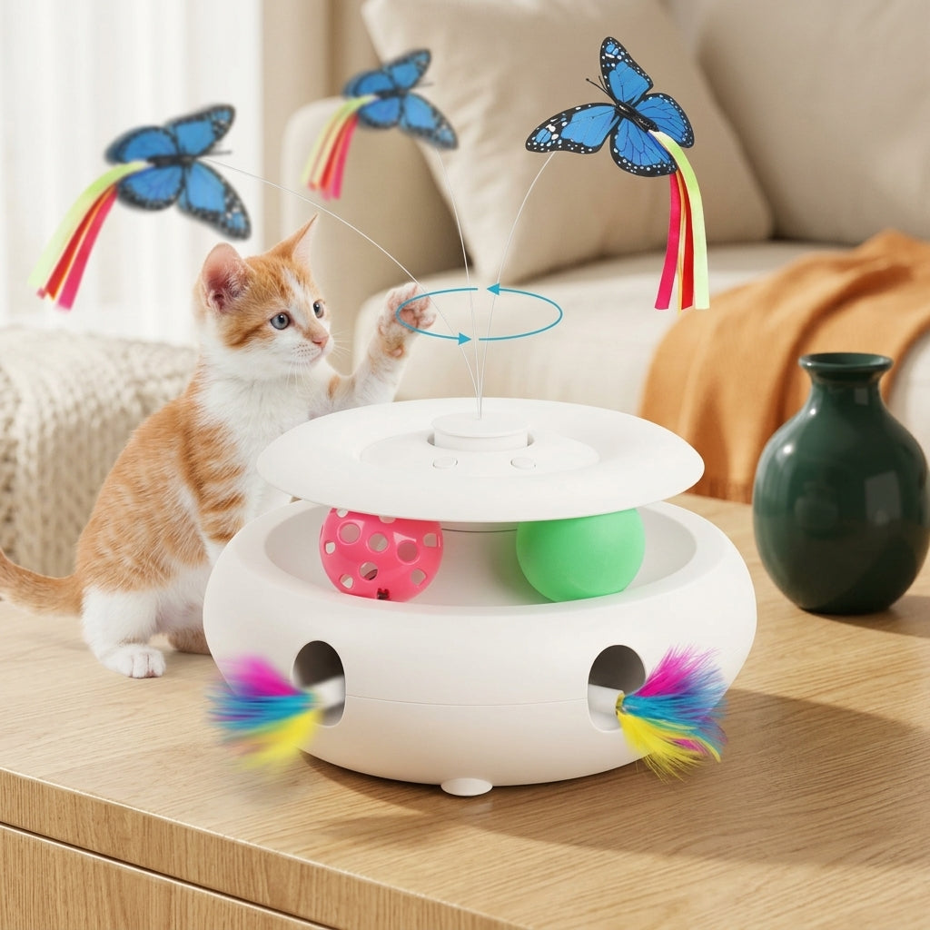 3-in-1 Interactive Cat Toy with Butterfly & Track Balls