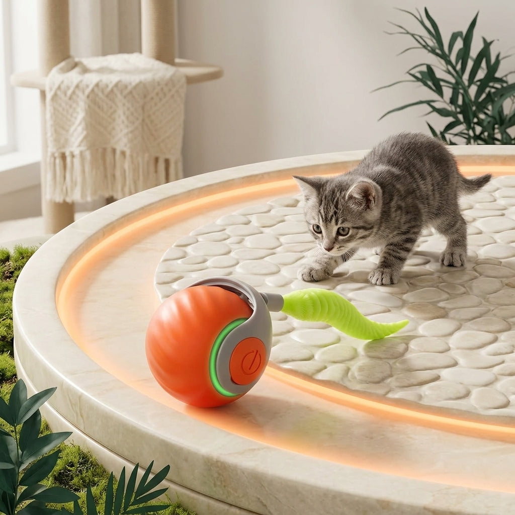 Rechargeable Moving Ball Cat Toy with Feather Tail