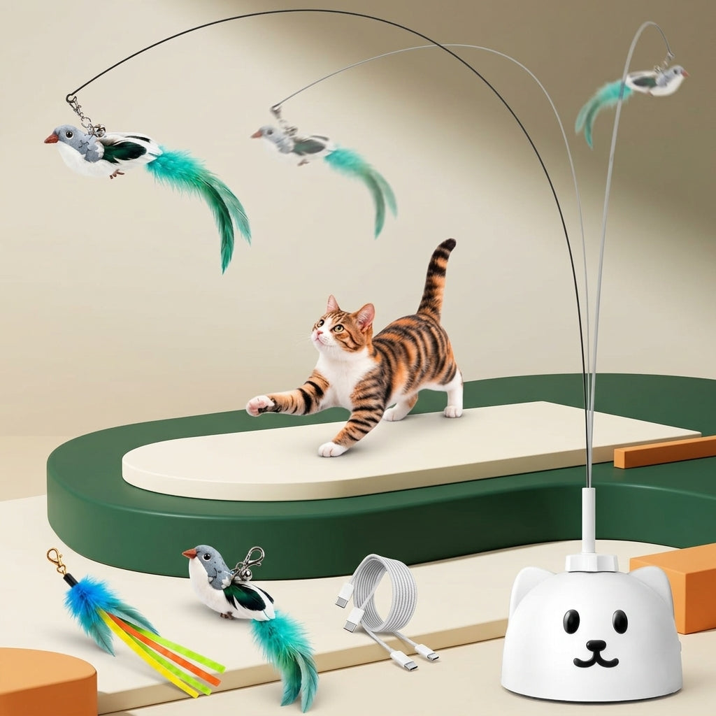 360° Automatic Flying Bird Wand Cat Toy – Rechargeable